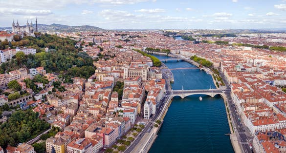 Photo of Lyon city aerial panoramic view, France.