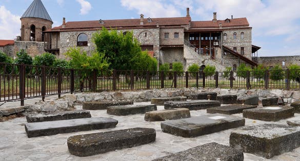 Tombstones in yard of Alaverdi monastery in Kakheti region, Georgia. High quality photo
