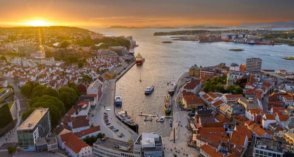 An aerial view of the harbour, Stavanger, Norway at dusk.