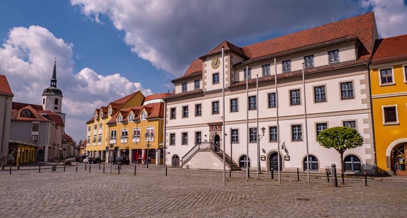 Photo of Market square with town hall in Hoyerswerda, Germany.