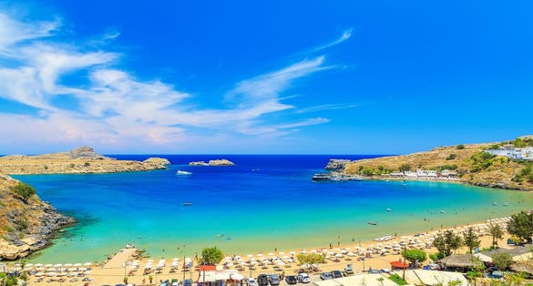 Photo of scenic Rhodes island, Lindos bay, Greece.