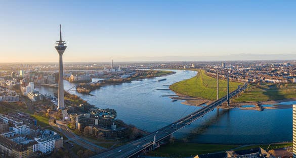 photo of view of  Düsseldorf skyline durig sunset in winter.