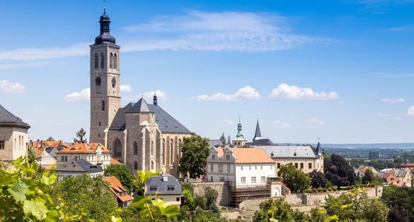 Photo of aerial view of gothic st. Jacob church from 1330 and Italian court, Kutna Hora, Czech republic.