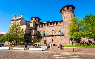 Photo of aerial view of Turin city center with landmark of Mole Antonelliana, Turin ,Italy ,Europe.