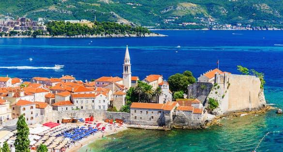 Photo of panoramic aerial view of old town of Budva, Montenegro.