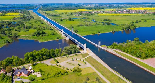 Aerial view from the drone of Magdeburg Water Bridge, Germany.