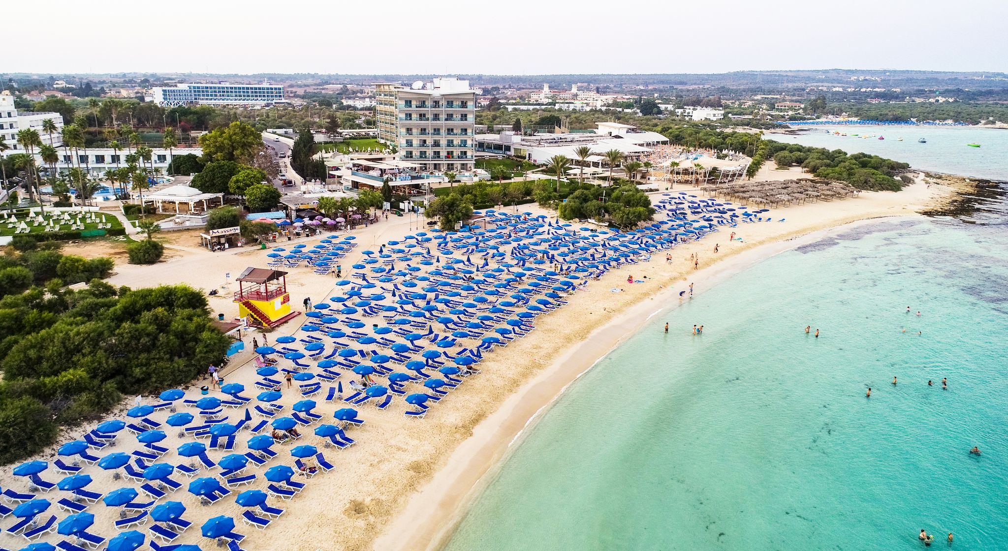 Photo of aerial bird's eye view of famous Makronissos beach coastline, Ayia Napa, Famagusta, Cyprus.