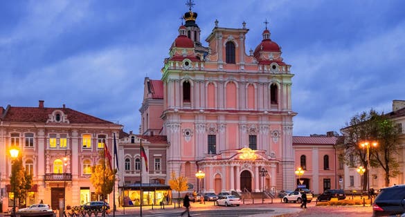 The Church of St. Casimir in the Old town by night in Vilnius, Lithuania, Baltic States.