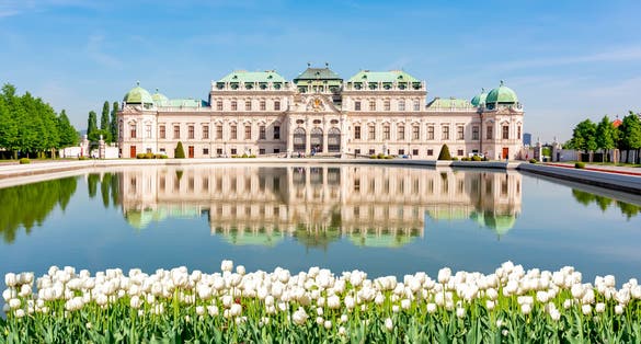 Photo of upper Belvedere palace and gardens in spring, Vienna, Austria.