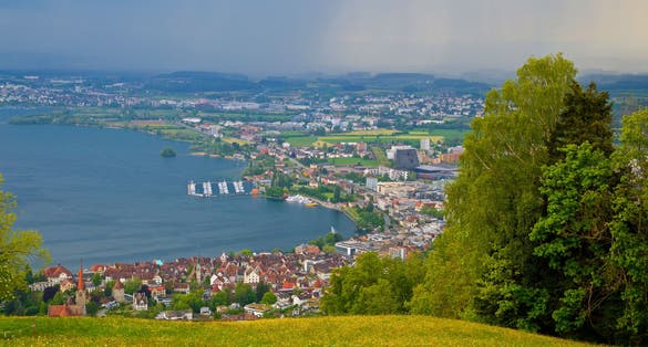 photo of view from Zugerberg to lake zug and city zug and in Switzerland.