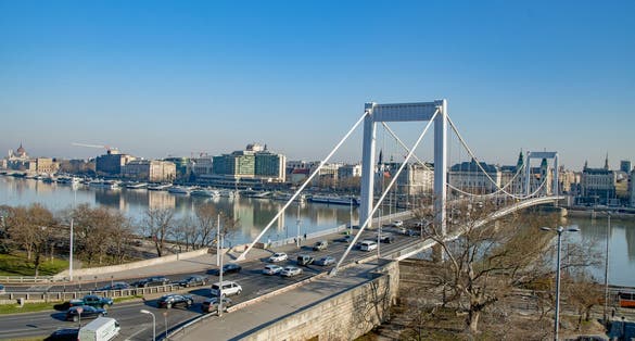 photo of view of Elisabeth Bridge (Hungarian Erzsébet híd) is the third newest bridge of Budapest, Hungary, connecting Buda and Pest across the River Danube.