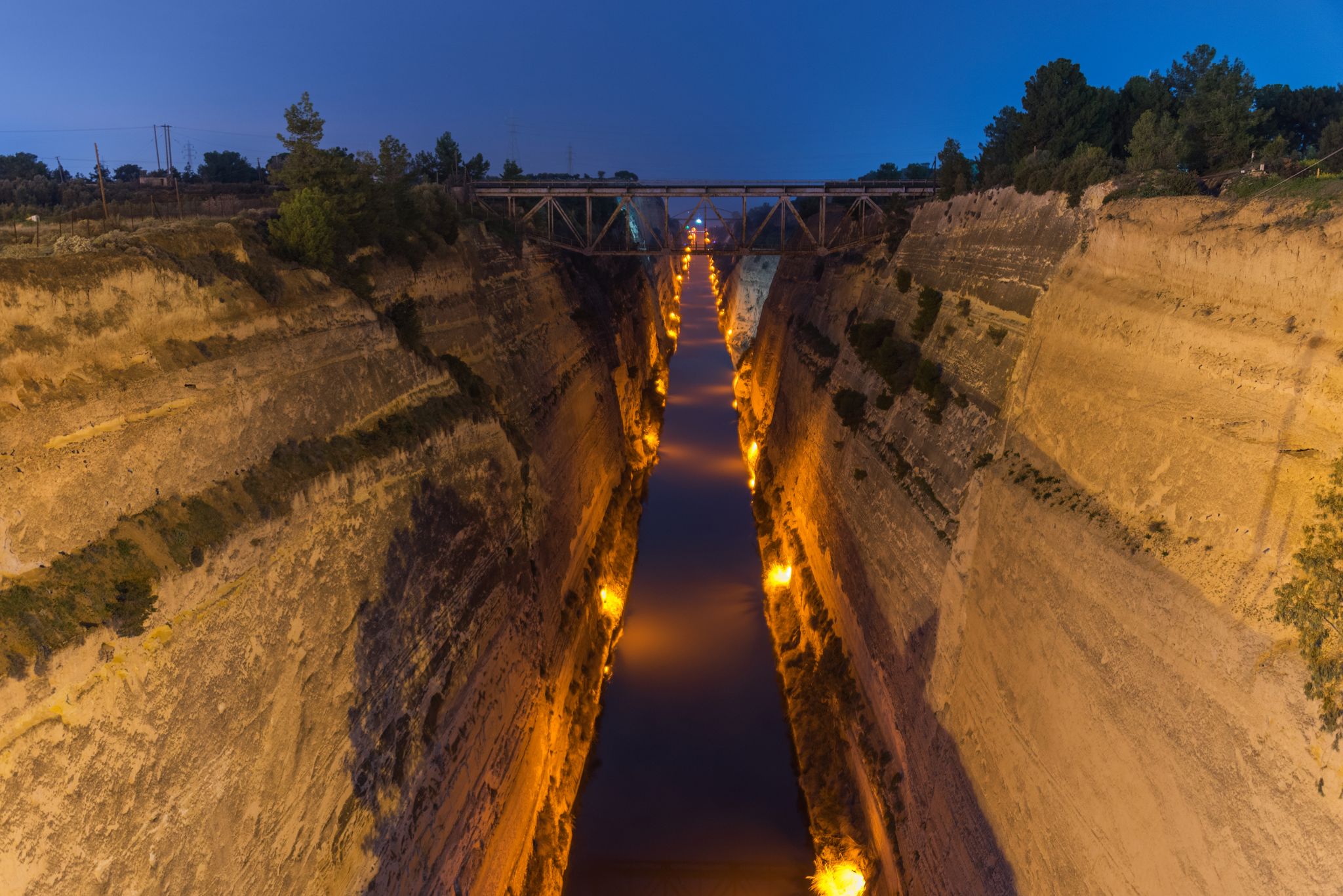 photo of view Corinth canal during the twilight, Loutraki, Greece..