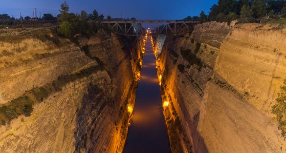 photo of view Corinth canal during the twilight, Loutraki, Greece..