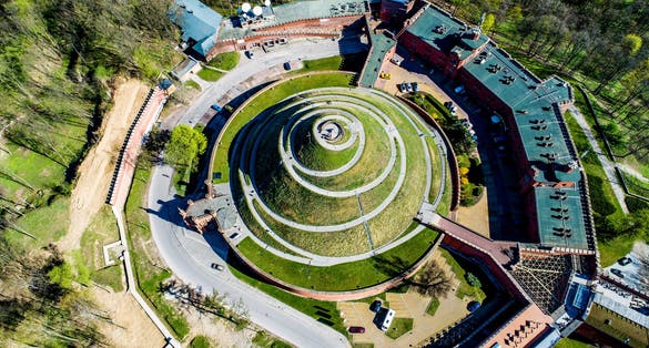 Kosciuszko Mound (Kopiec Kościuszki). Krakow landmark, Poland. Erected in 1823 to commemorate Tadedeusz Kosciuszko. Surrounded by a citadel, erected by Austrian Administration about 1850. Aerial view