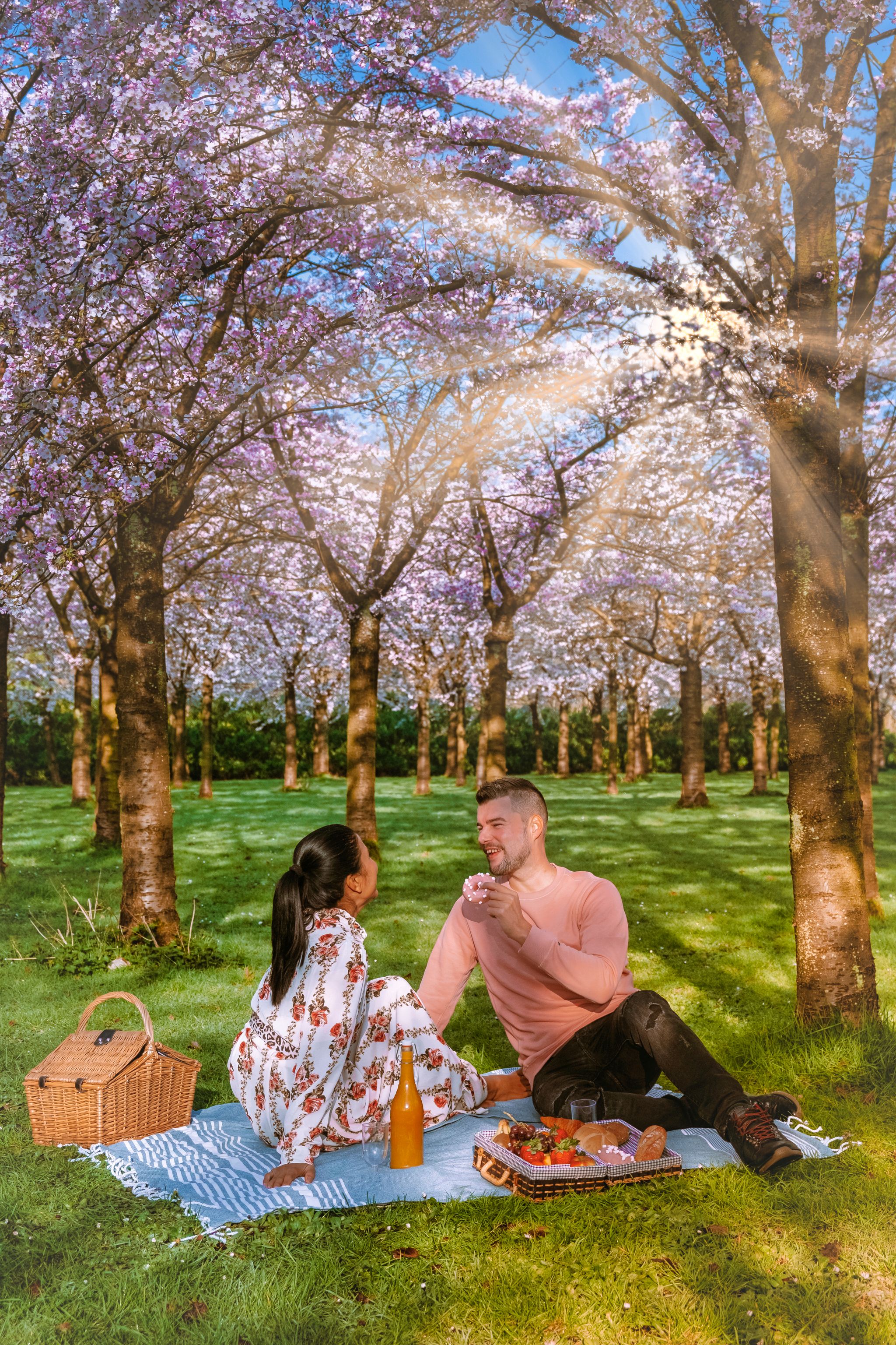 photo of young couple picnic in Bloesempark in Amstelveen in Amsterdamse Bos, the Netherlands.