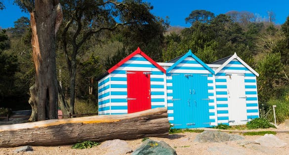 Photo of colourful beach huts at Blackpool Sands ,Devon, England, UK.