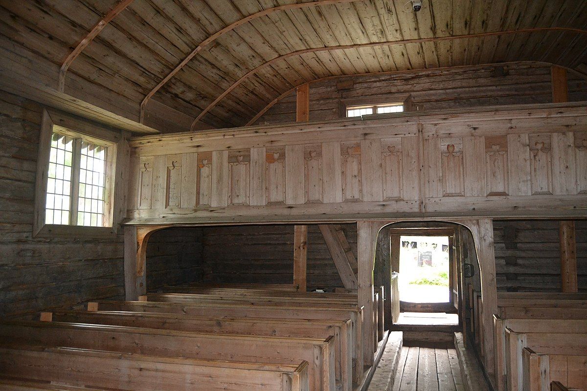 Photo of interior of old wooden church of Sodankylä village, Finland.