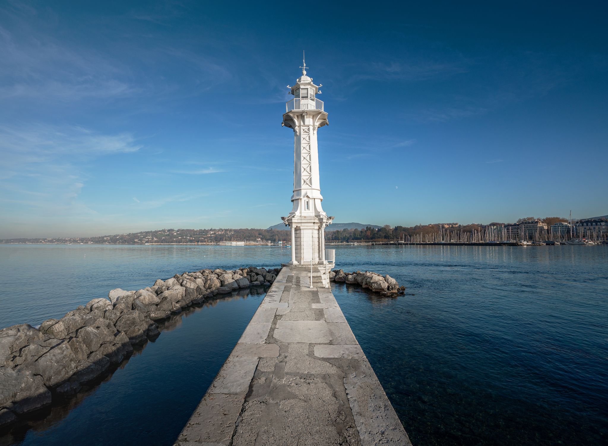 Photo of lighthouse Bains des Paquis Public Baths on Lake Geneva - Geneva, Switzerland.