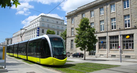 City center of Brest, showing the pedestrian shopping area & tram or train. Brest is a port city in Brittany, in northwestern France.