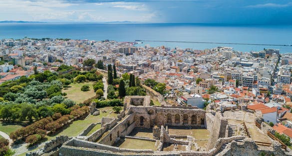 Photo of Aerial view of a medieval fortress, panorama of the city and the sea. Patras, Peloponnese, Greece.