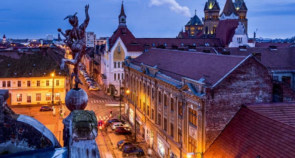 Traian Square aerial view with the surrounding baroque style buildings in Timisoara.