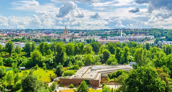 Photo of aerial view of Prague taken from the Prague zoo, Czech.