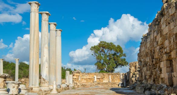 Columns and ruins in the ancient city of Salamis in Cyprus. Salamis Ruins, Famagusta, Turkish Republic of Northern Cyprus, CYPRUS. Tourist area of ​​the ruins of the city of Salamis.