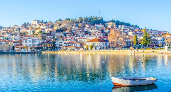 Photo of historical part of unesco listed town ohrid is located next to the ohrid lake and spread all over the hill, North Macedonia.