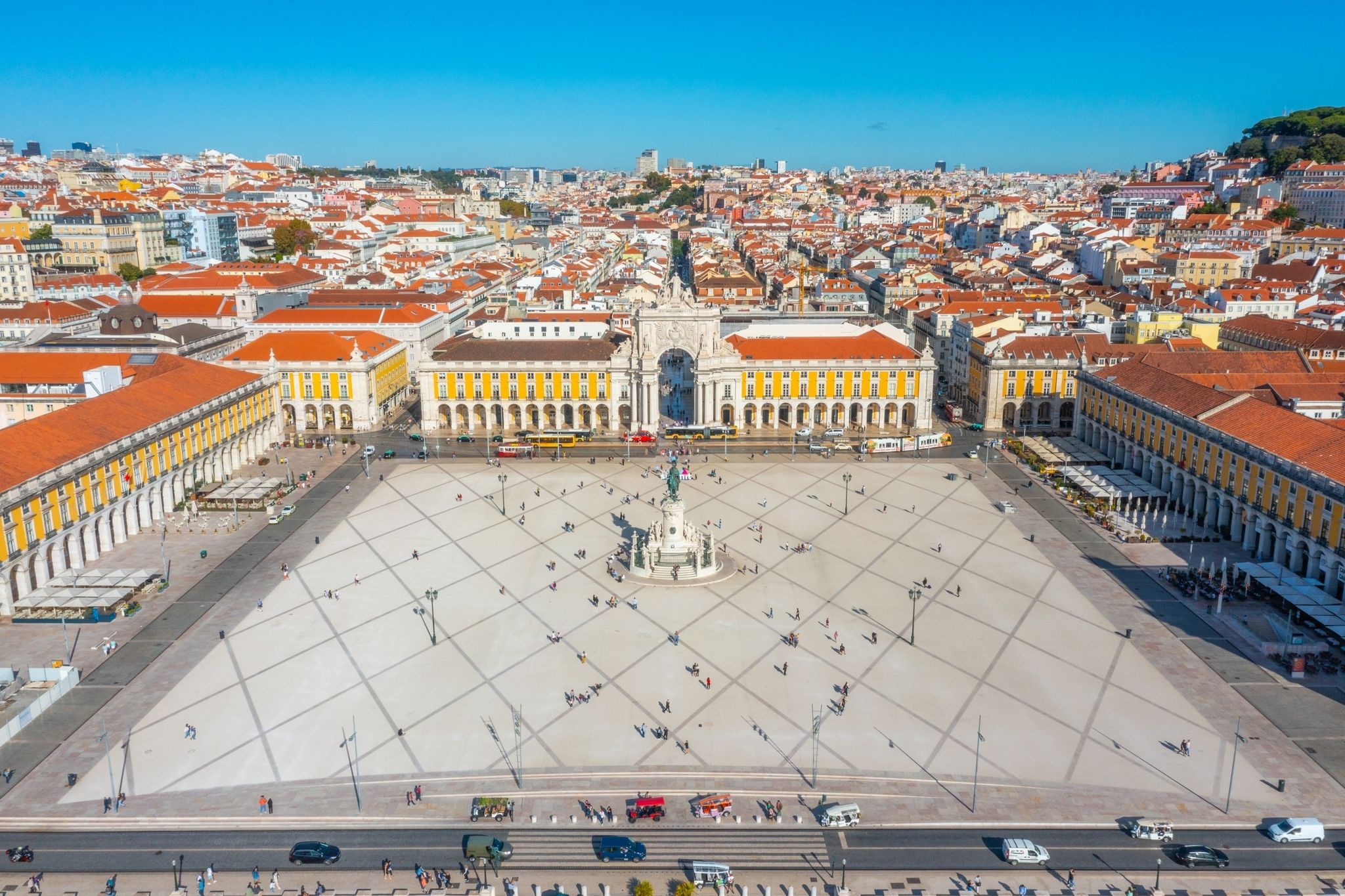 Photo of aerial view of Praca do comercio in Lisbon, Portugal.