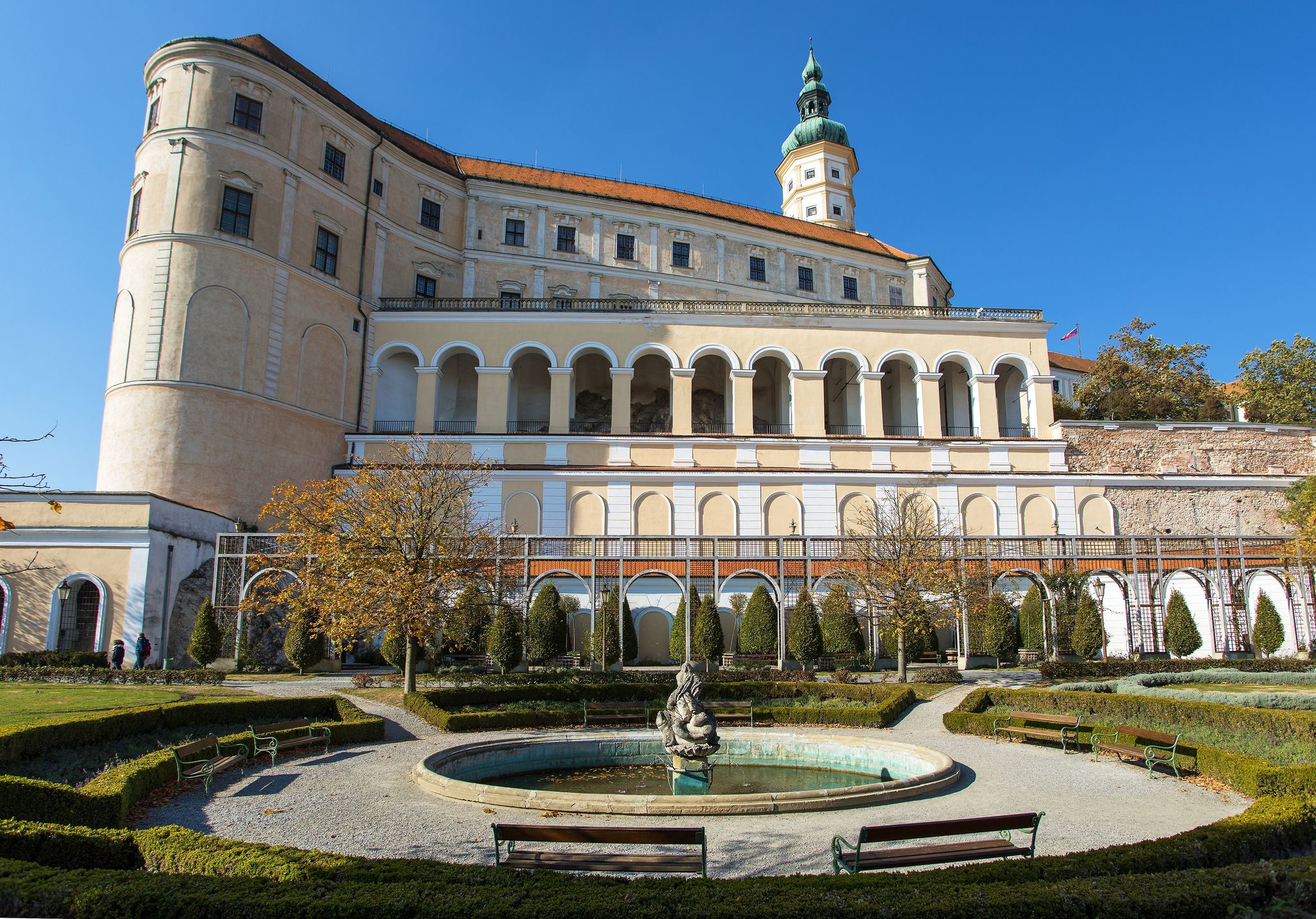 Photo of Mikulov Castle and fountain, one of the most important castles in South Moravia, view from Mikulov town, Czech Republic.