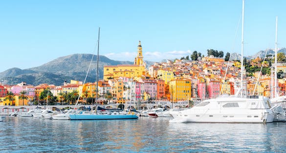 Panorama view of village with colourful houses on the French Riviera, Cote D Azur.