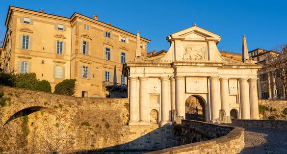 Bergamo, Italy. The old town. Amazing view at the ancient gate Porta San Giacomo. Bergamo one of the most beautiful cities in Italy. Tourists destination