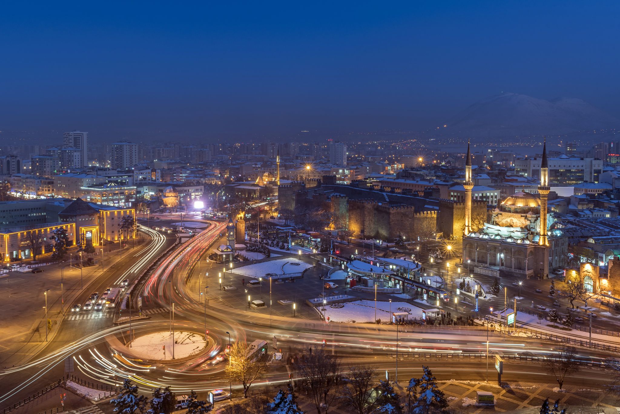 photo of night aerial view of Kayseri Republic Square with Kayseri Clock Tower in Turkey.
