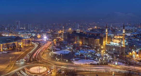 photo of night aerial view of Kayseri Republic Square with Kayseri Clock Tower in Turkey.