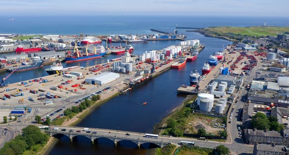 photo of view of Aberdeen harbour and ships viewed from above.