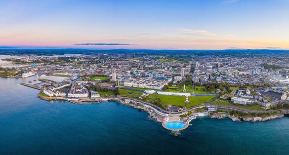 photo of view of Plymouth, city skyline, Hoe Park and lighthouse, Plymouth Sound, Devon, England, United Kingdom, Europe