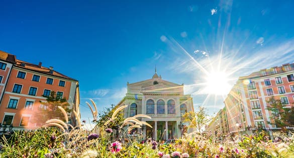 Photo of famous old buildings at the gaertnerplatz in Munich, Germany .
