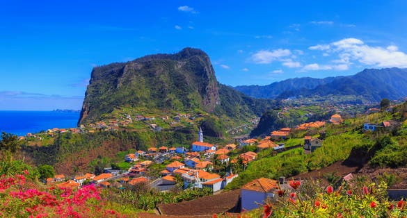 Panoramic of Madeira island, Santana and Lombo Galeo region from the air in summer season, Portugal