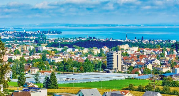 Photo of aerial view of Rorschach on the South Side of Lake Constance (Bodensee), Switzerland.