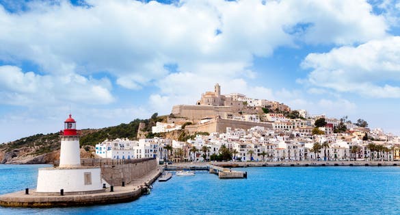 Photo of Eivissa ibiza town from red lighthouse red beacon in Balearic Islands.