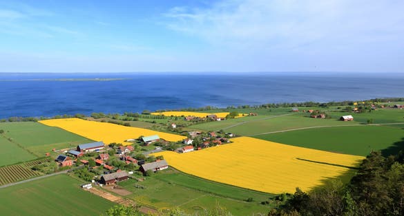 photo of Lake Vattern Area, high angle countryside view from Brahehus castle ruins in Sweden.