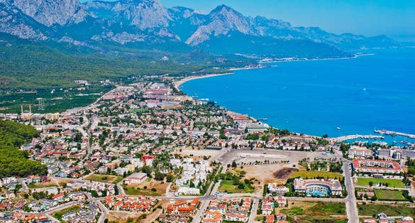 photo of aerial view of the town of Kemer and sea from a mountain in Turkey.