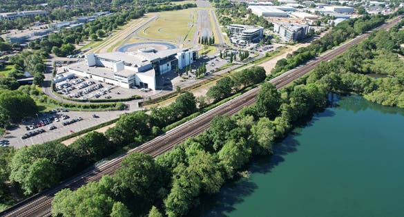 Photo of aerial view of Brooklands Museum, Racetrack and Banking, Weybridge, UK.
