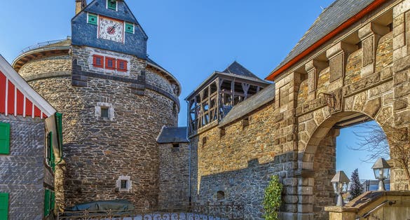 Burg Castle located in Burg an der Wupper (Solingen), is the largest reconstructed castle in North Rhine-Westphalia, Germany. Tower with clock