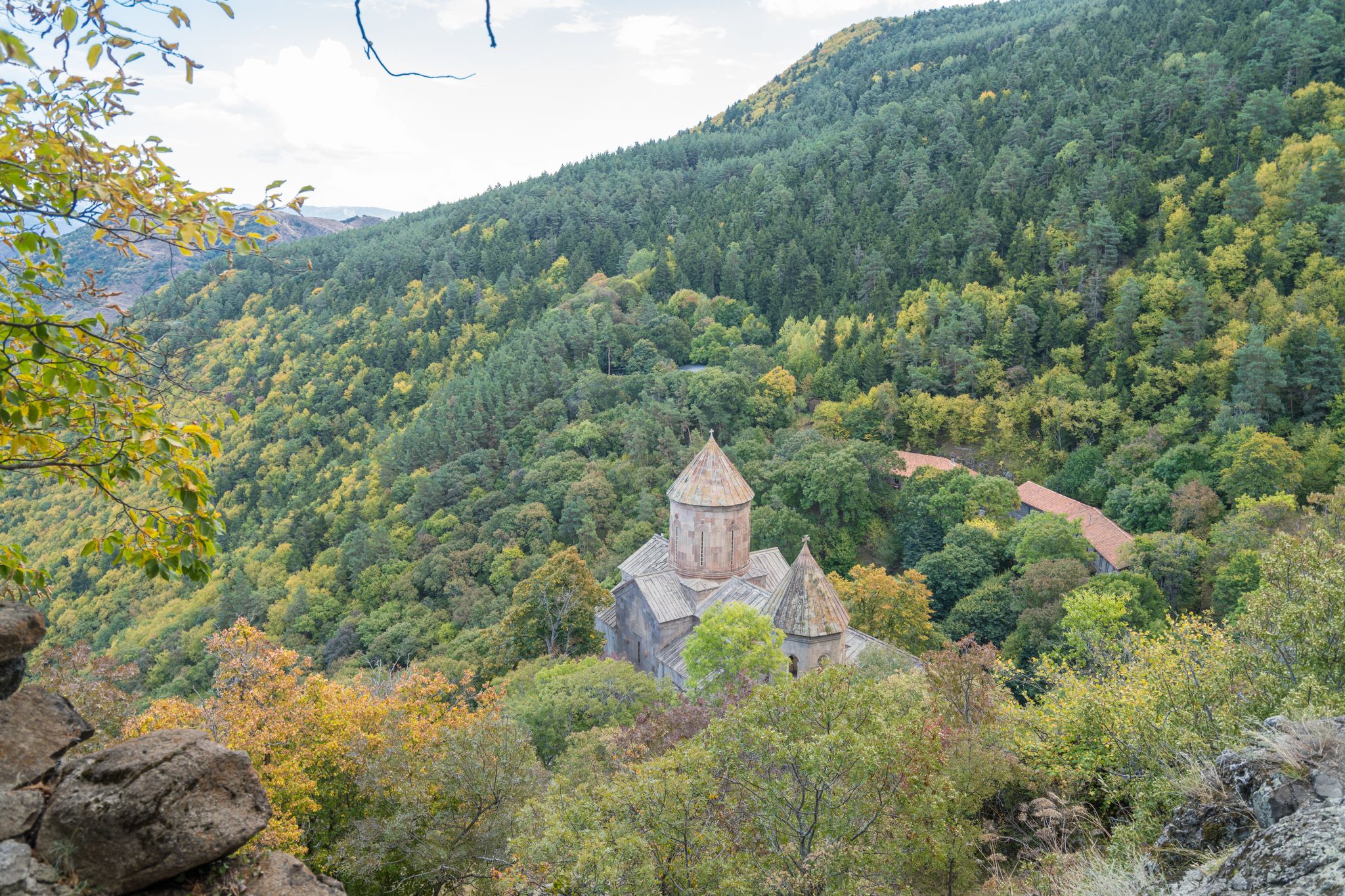 Photo of scenic view of Sapara Monastery is a 9th century Georgian Orthodox monastery with the 14th-century frescoes in the Akhaltsikhe District of Samtskhe-Javakheti region, Georgia.