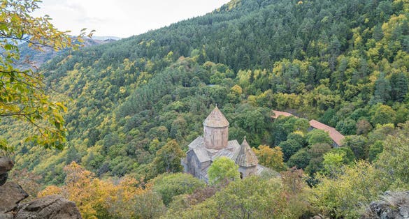 Photo of scenic view of Sapara Monastery is a 9th century Georgian Orthodox monastery with the 14th-century frescoes in the Akhaltsikhe District of Samtskhe-Javakheti region, Georgia.