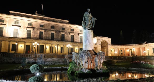 photo of Statue of Sir Frederick Adam by Pavlos Prosalentis in front of Palace of Saint Michael and George by night, Kerkyra, Corfu Island, Greece, Europe,Corfu Greece.