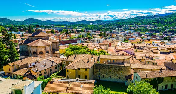 Photo of aerial view of the church of Saint Cosma and Damiano at Mendrisio in Switzerland.
