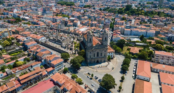An aerial view of the Church of Our Lady of Lapa (Portuguese: Igreja de Nossa Senhora da Lapa) and the oldest romantic Portuguese graveyard in the country, Porto, Portugal