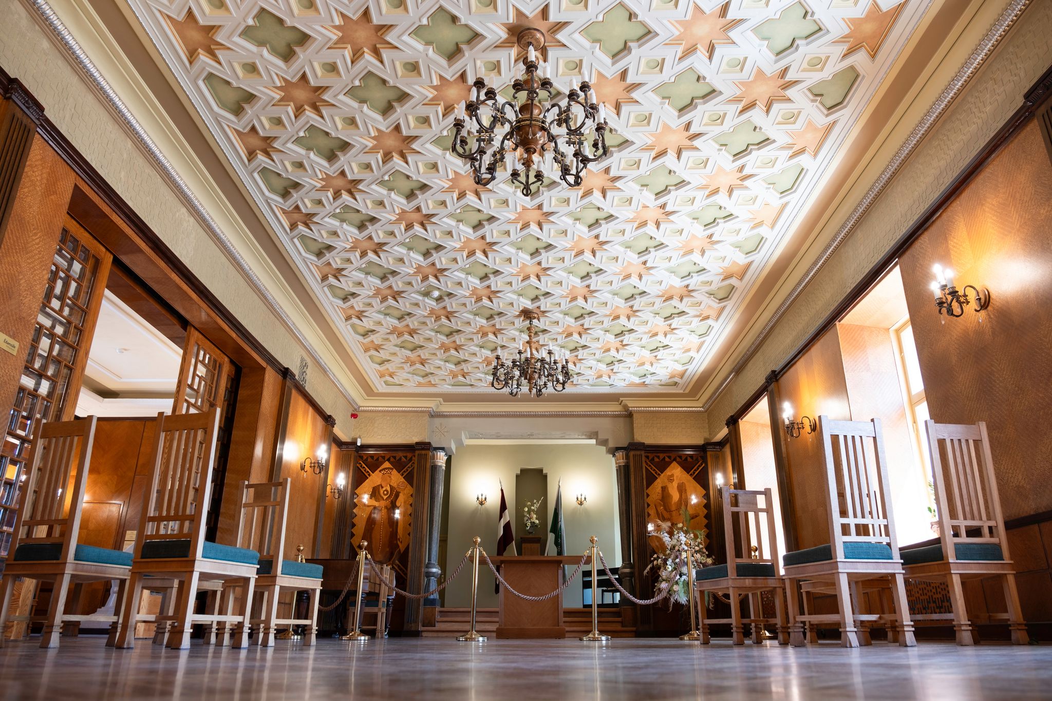 photo of Sigulda, Latvia - June12 2023: Sigulda new castle built as a residence for the owners of the manor. Interior with great hall with beautiful ceiling.
